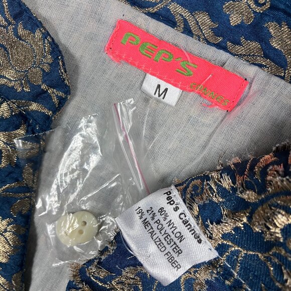 Pep's Cannes Versailles Mini Dress Jacquard Blue Teal Gold Belt Pleated Ruffled - Picture 16 of 16